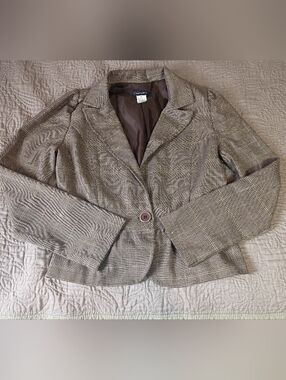 90s Y2K Vintage Better Be Taupe Brown, Cream, Green Plaid Single-Button Blazer M
